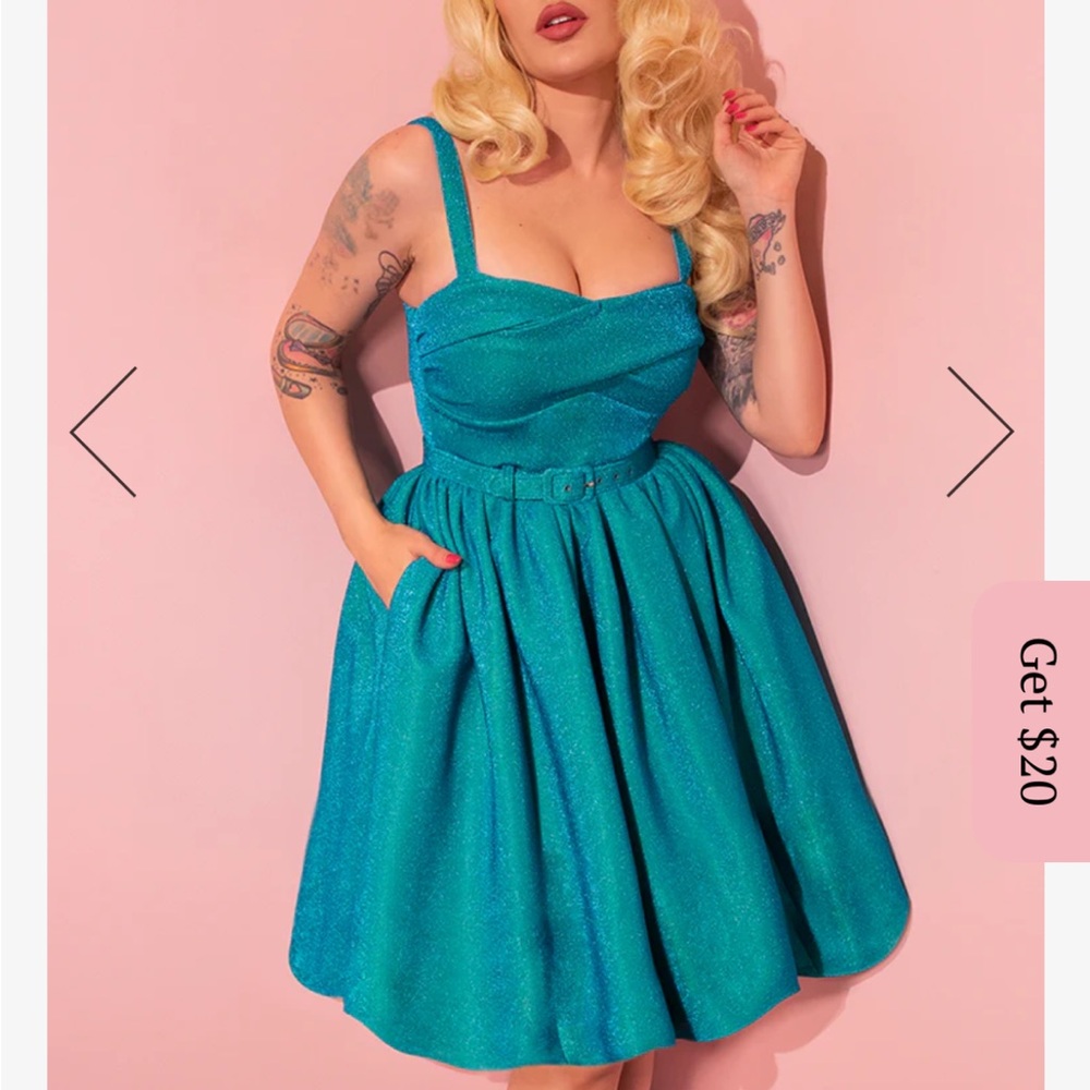 Vixen By Micheline Pitt Jawbreaker Swing Dress In Turquoise Lurex XL